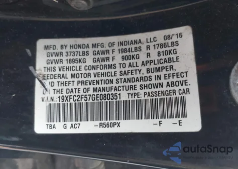 2016 Honda Civic Lx from USA, damaged, VIN 19XFC2F57GE080351